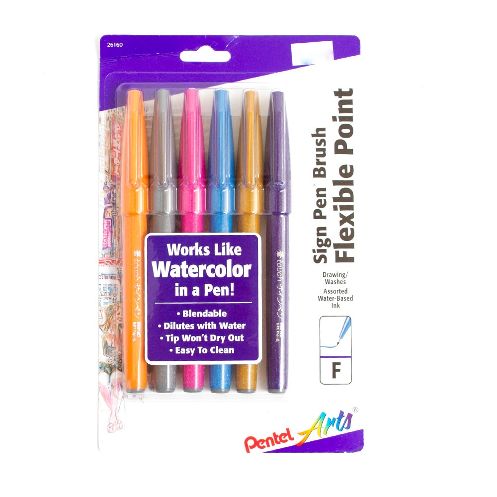 Pentel, Markers, Art & School, Fashion Brush, Tip, Sign Pen, 6 pack, 380371